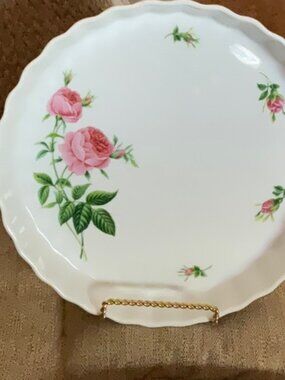 CHRISTINE HOLM Porcelain Fluted Quiche Tart Plate Baking Pan Dish Pink Rose 9.5"